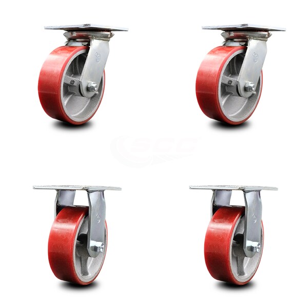 6 Inch Red Poly on Cast Iron Caster Set with Roller Bearings 2 Swivel 2 Rigid